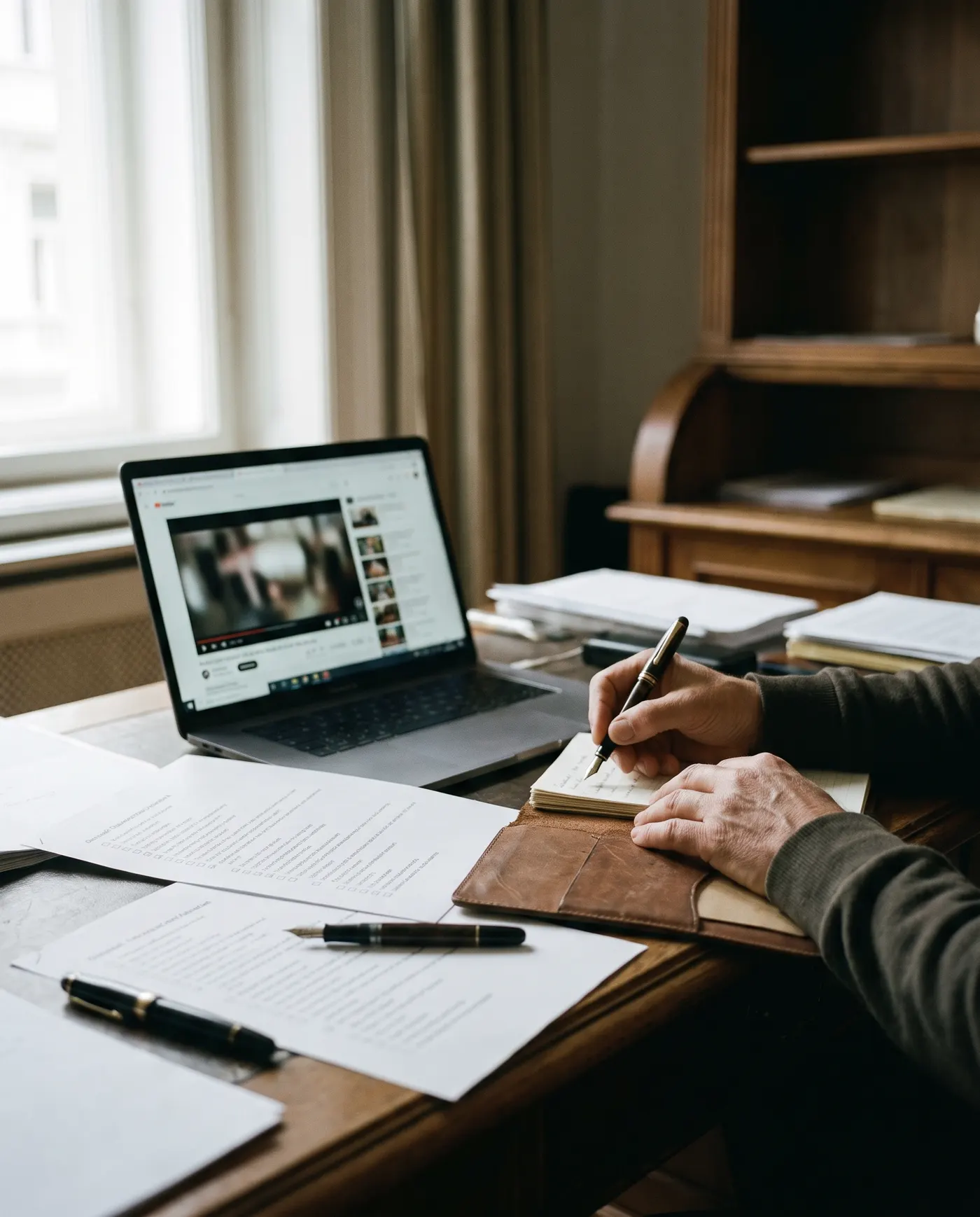 Schreibtisch mit Notizbuch, Unterlagen und Laptop